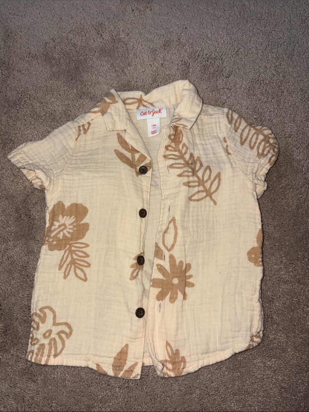 Cat & Jack Cream Short-Sleeve Button-Front Shirt with Tan Floral Print